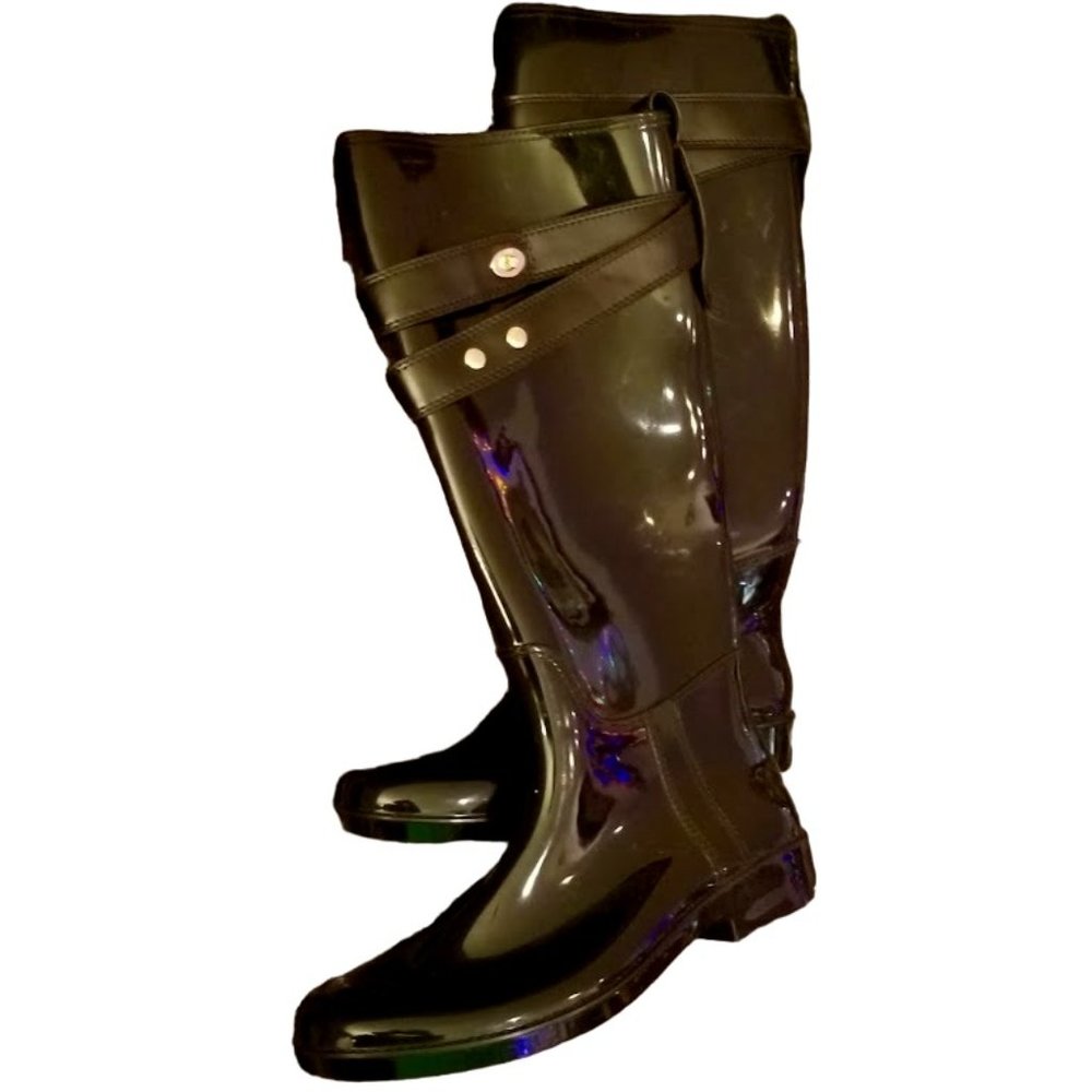 🖤🌧Coach🌧🖤 | HTF Size: 11 | Talia Tall Shiny Black Rain Boots | Gold Turnlock - Picture 1 of 12